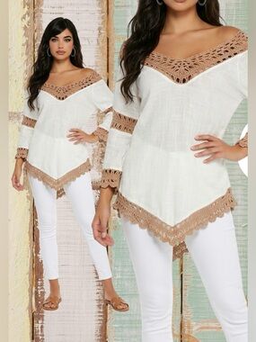 🛍️ SOFT SURROUNDINGS Tan off white Off Shoulder Crochet Trim Boho Tunic Top SM